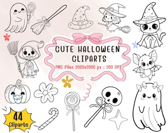 Kawaii Halloween Clipart Set | Ghost, Witch, Cat (PNG Digital Download)