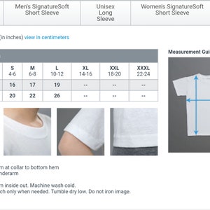 May include: A size chart for kids' t-shirts with measurements in inches. The chart shows sizes from XS (2-4) to XXXL (22-24) and includes width and length measurements. A white t-shirt is shown with blue lines indicating the width and length measurements.