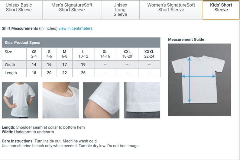 May include: A size chart for kids' t-shirts with measurements in inches. The chart shows sizes from XS (2-4) to XXXL (22-24) and includes width and length measurements. A white t-shirt is shown with blue lines indicating the width and length measurements.