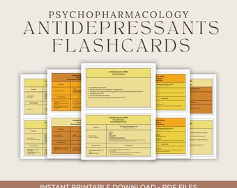 May include: A set of printable flashcards for studying psychopharmacology, specifically focusing on antidepressants. The flashcards are yellow, orange, and white with black text. The text includes the drug name, brand name, common themes, drug routes, and side effects.