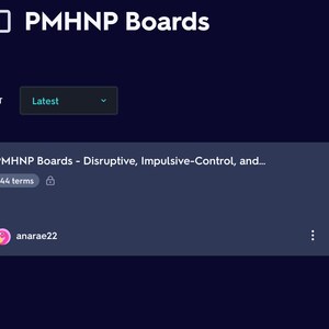 May include: A screenshot of a website displaying a list of study materials for PMHNP Boards. The list is titled "PMHNP Boards - Disruptive, Impulsive-Control, and..." and contains 44 terms. The list was created by the user "anarae22".