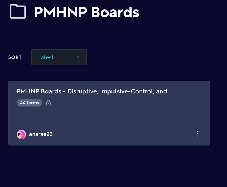 May include: A screenshot of a website displaying a list of study materials for PMHNP Boards. The list is titled "PMHNP Boards - Disruptive, Impulsive-Control, and..." and contains 44 terms. The list was created by the user "anarae22".
