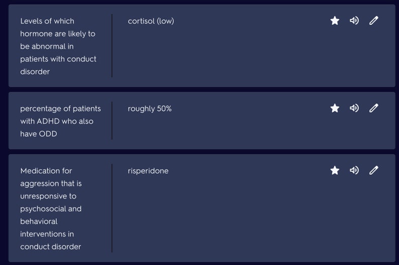 May include: A graphic with three cards, each with a question and answer. The first card asks "Levels of which hormone are likely to be abnormal in patients with conduct disorder?" and the answer is "cortisol (low)". The second card asks "percentage of patients with ADHD who also have ODD?" and the answer is "roughly 50%". The third card asks "Medication for aggression that is unresponsive to psychosocial and behavioural interventions in conduct disorder?" and the answer is "risperidone".
