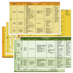 Pode incluir: Um gráfico com um esquema de cores verde, amarelo e laranja. O gráfico lista os antidepressivos e estabilizadores de humor comuns, incluindo seus nomes genéricos e de marca, classe de medicamentos, indicações aprovadas pela FDA, dosagem comum, pérolas clínicas e temas comuns. O gráfico é um recurso útil para entender os diferentes tipos de medicamentos usados para tratar a depressão e o transtorno bipolar.
