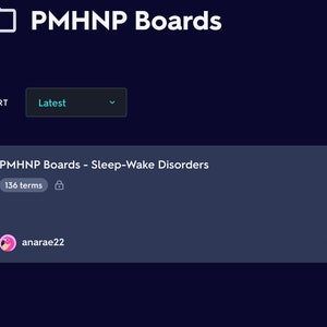 May include: A screenshot of a website showing a study guide for PMHNP Boards - Sleep-Wake Disorders. The guide has 136 terms and is created by anarae22.