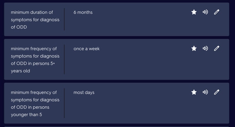 May include: A table with three rows of text describing the minimum duration and frequency of symptoms for diagnosis of Oppositional Defiant Disorder (ODD). The first row states that the minimum duration of symptoms for diagnosis of ODD is 6 months. The second row states that the minimum frequency of symptoms for diagnosis of ODD in people 5+ years old is once a week. The third row states that the minimum frequency of symptoms for diagnosis of ODD in people younger than 5 is most days.