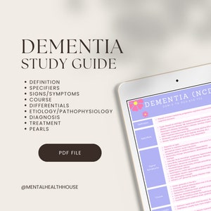 Dementia Study Guide for Psychiatric Mental Health Nurse Practitioner PMHNP Psych np Psychiatrist PA Psychologist Instant Download DSM-5-tr