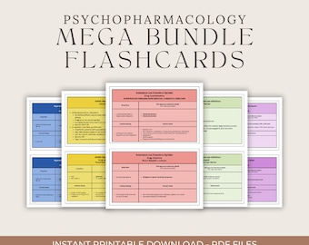 Op de afbeelding: Een set printbare flashcards voor een psychopharmacologie cursus. De flashcards zijn kleurgecodeerd en tonen verschillende categorieën medicijnen, waaronder stimulerende middelen, antidepressiva en antipsychotica. De flashcards bevatten informatie over de medicijnklasse, merknaam, veelvoorkomende bijwerkingen en klinische toepassingen.