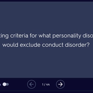 May include: A screenshot of a quiz question asking: "meeting criteria for what personality disorder would exclude conduct disorder?"