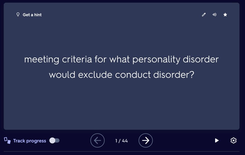 May include: A screenshot of a quiz question asking: "meeting criteria for what personality disorder would exclude conduct disorder?"