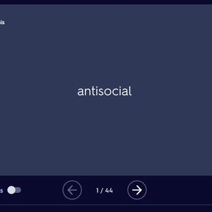 May include: A dark blue screen with the word "antisocial" displayed in white text. The screen shows a progress bar, navigation buttons, and playback controls.