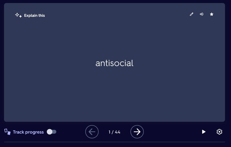 May include: A dark blue screen with the word "antisocial" displayed in white text. The screen shows a progress bar, navigation buttons, and playback controls.
