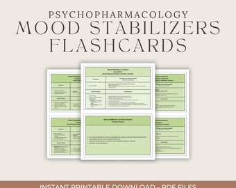 May include: Four printable flashcards with green borders and white text. Each card is divided into sections with headings: "Mood Stabilizers: Lithium", "Mood Stabilizers: Anticonvulsants", "Anticonvulsants", and "Anticonvulsants". The cards contain information about different mood stabilizers and anticonvulsants, including drug names, brand names, common uses, side effects, and other relevant details.