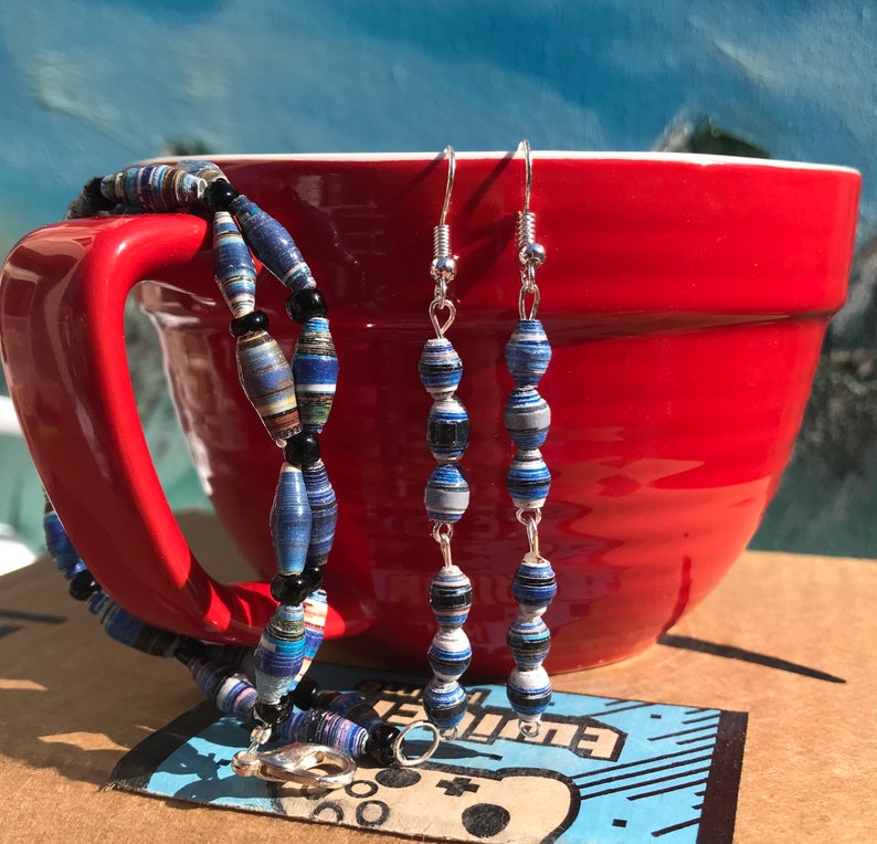 Blue Paper Bead Jewelry Set