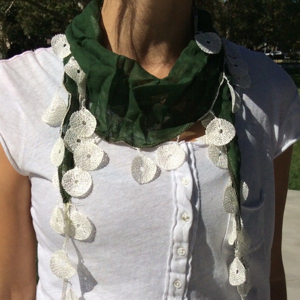 Green Handmade Cotton Necklace Scarf with White Lace  Fringe/ Gifts for Her/Turkish Style