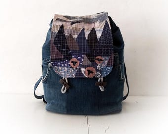 Recycled denim backpack, patchwork jeans backpack, fabric collage quilt, vegan outdoor jean rucksack