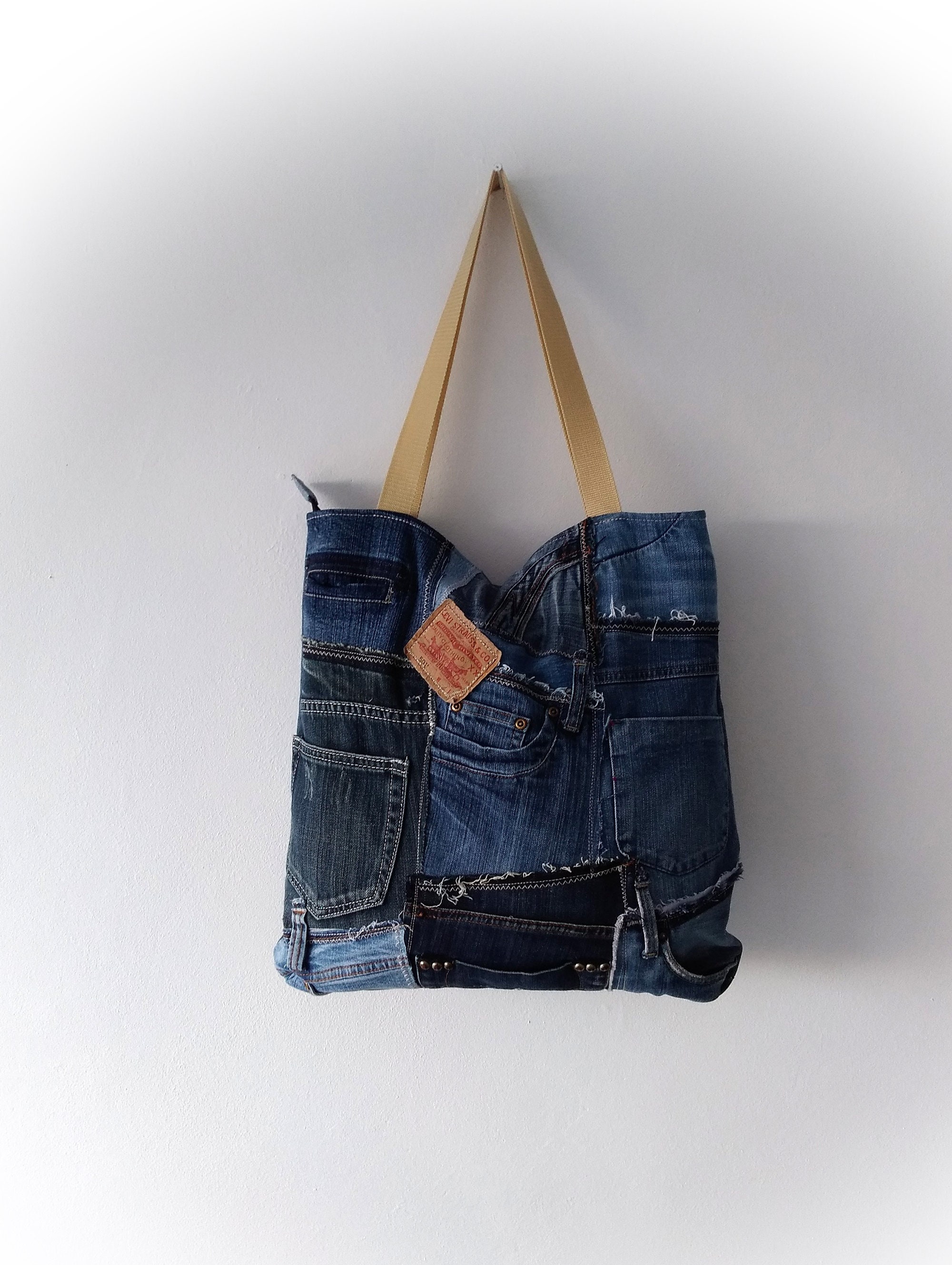 Upcycled tote jean bag boho patchwork handbag recycled denim | Etsy