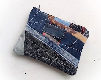 Recycled denim make up bag, zippered patchwork pouch, travel jeans makeup bag