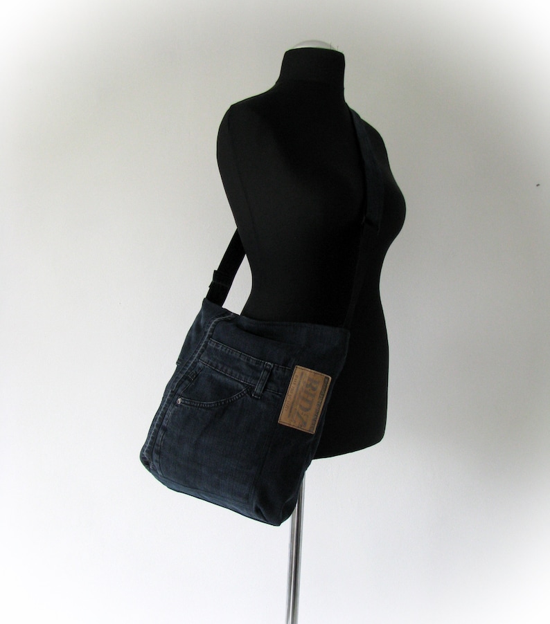 Black Jean Crossbody Bag Recycled Denim Zippered Bag Etsy