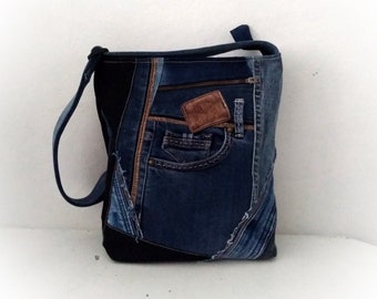 Recycled denim sling bag, upcycled jeans crossbody bag