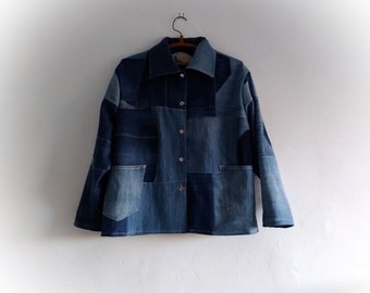 Veste grande taille en denim recyclé, manteau court de style preppy, veste en jean pour femmes OOAK