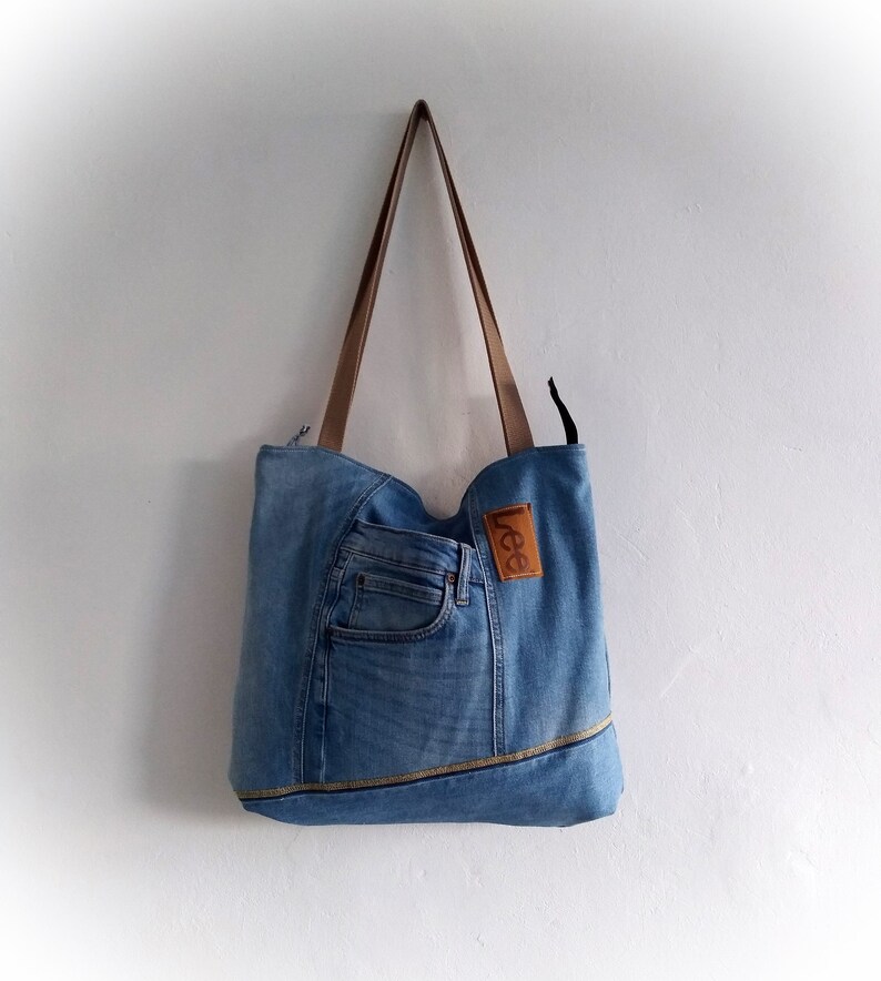 Blue Denim Tote Handbag For Women - Casual Soft Shoulder Jean Bag