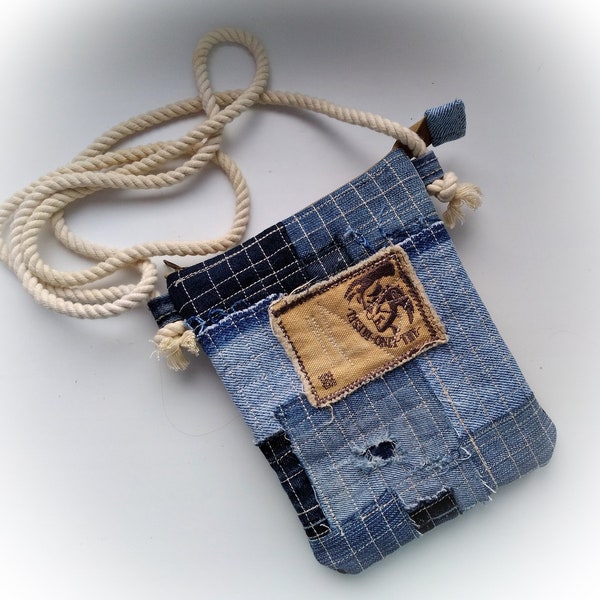 Small jean purse, recycled denim iPhone bag, blue jeans crossbody bag