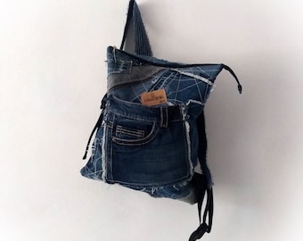 Sac à dos unisexe en jeans retravaillé, sac à dos en denim extérieur, sac à dos de voyage en denim recyclé, sac à dos zippé patchwork.
