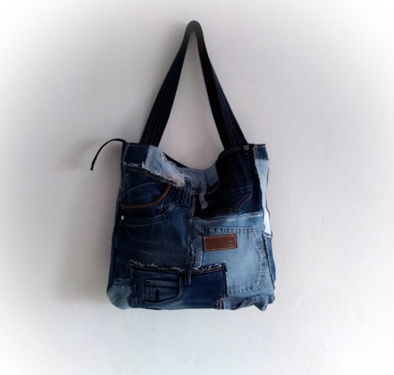 Recycled Denim Bag Zippered Bag Tote Patchwork Handbag | Etsy