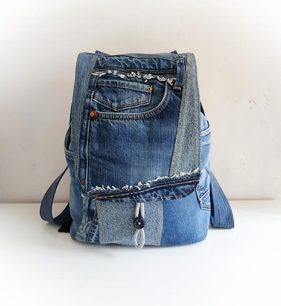 Recycled Denim Backpack, Patchwork Jeans Backpack, Vegan Outdoor