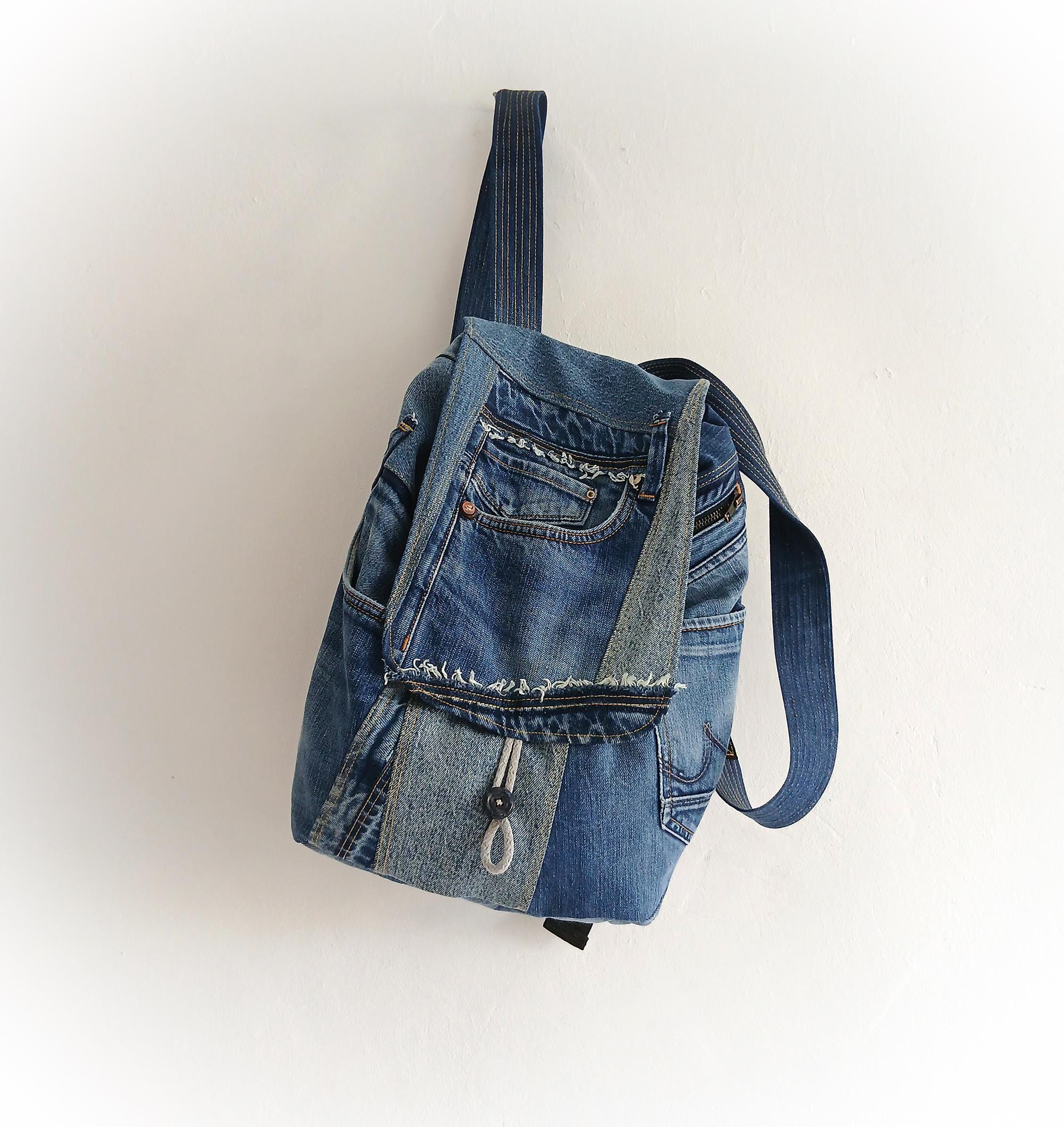 Recycled Denim Backpack, Patchwork Jeans Backpack, Vegan Outdoor