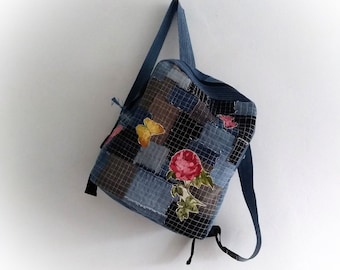 Upcycled Denim Patchwork Backpack: Recycled Jeans Rucksack