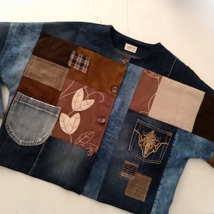 Recycled denim patchwork jacket, OOAK jean women coat, plus size jacket