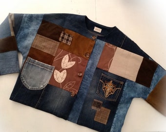 Recycled denim patchwork jacket, OOAK jean women coat, plus size jacket