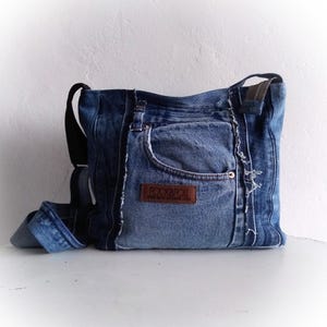 Upcycled jeans sling bag, recycled blue denim crossbody bag, zero waste