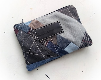 Recycled denim make up bag, travel jeans makeup bag, zippered patchwork pouch