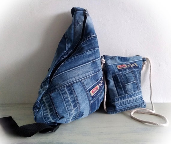 Upcycled Denim Bag Set: Handmade Jean Crossbody & iPhone Bag  display picture 3