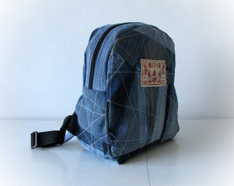 Sac à dos en denim bleu d’extérieur, sac à dos bleu en jean recyclé, denim réutilisé patchwork, sac à dos décontracté de tous les jours, denim recyclé retour à l’école