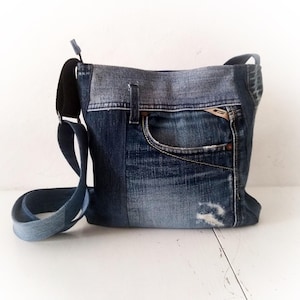 Upcycled jeans crossbody bag, recycled blue sling denim bag, zero waste