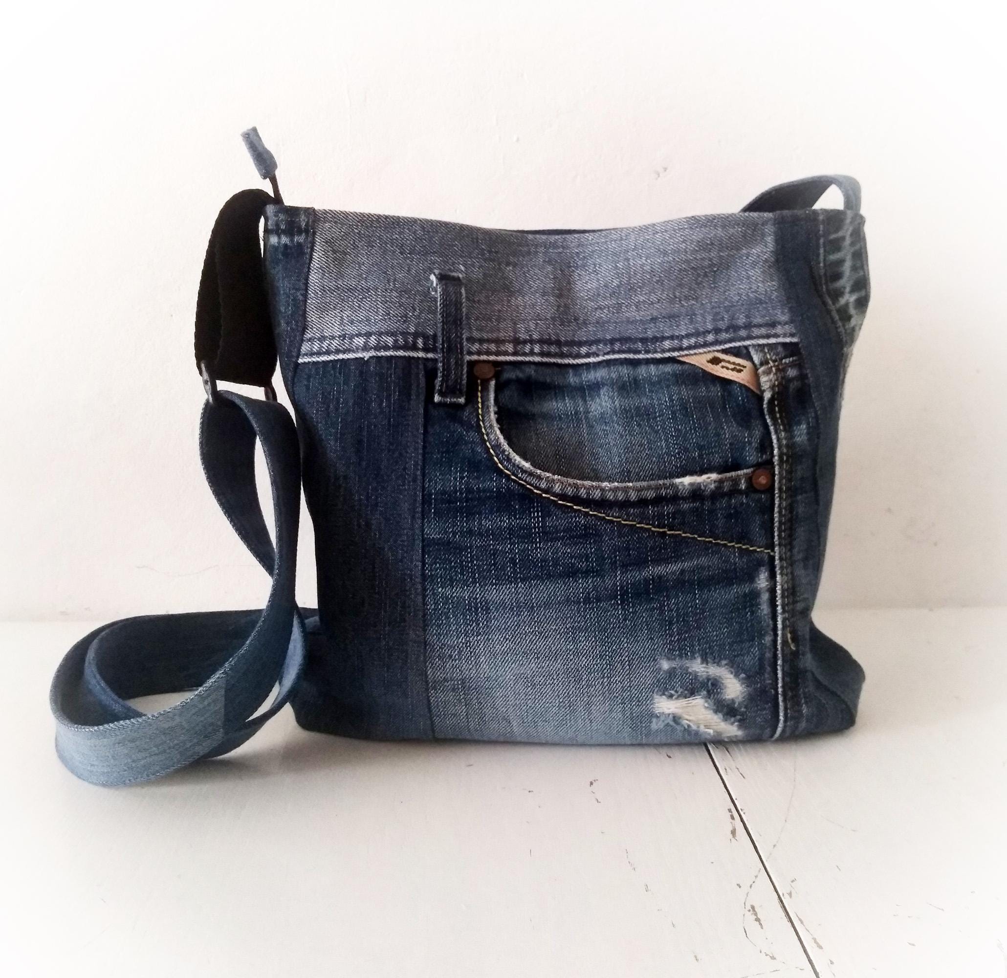 専用オーダー Upcycled Jeans Crossbody Bag, Recycled Blue Sling Denim Bag, Zero