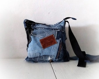 Recycled blue denim crossbody bag, upcycled jeans sling bag