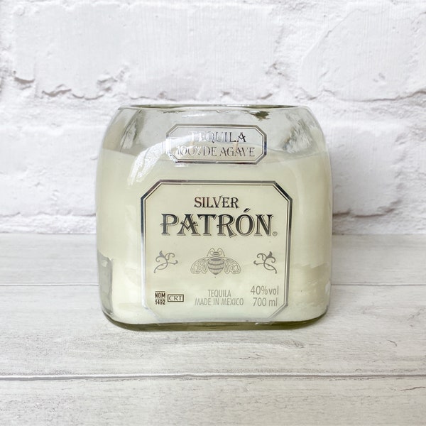 Silver Patron Tequila Bottle Candle Upcycled Original Bottle