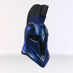 May include: A blue helmet with a white design and a black crest. The helmet has a visor and a pointed top.