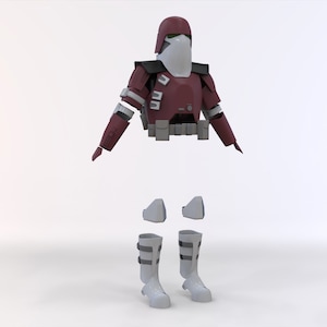 Könnte beinhalten: Eine zerlegte Actionfigur aus rotem und weißem Kunststoff eines Star Wars Klon-Soldaten. Die Figur ist in Einzelteile zerlegt, darunter Helm, Torso, Arme, Beine und Stiefel.