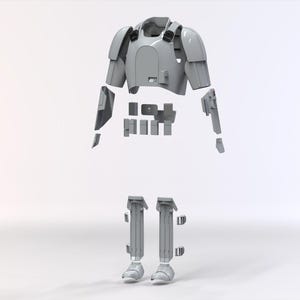 May include: A disassembled, light gray, futuristic armor set. The set includes a chest piece, shoulder pads, arm pieces, and leg armor. The pieces are arranged as if floating in the air against a white background. The armor has a sleek, modern design.