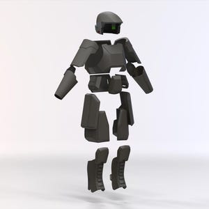 May include: A dark grey futuristic armour set, shown in separate pieces. The set includes a helmet, chest piece, arm guards, leg guards, and other components. The armour appears to be made of a hard, durable material.