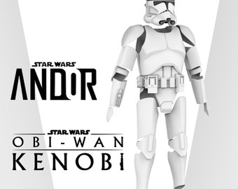 May include: A white, plastic action figure of a Star Wars Stormtrooper. The figure is wearing a helmet and armor. The figure is standing on a white background. The text "STAR WARS ANDOR" is in the upper left corner of the image. The text "STAR WARS OBI-WAN KENOBI" is in the lower left corner of the image.