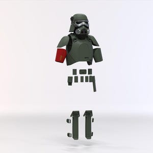 May include: A set of olive green tactical armor including a helmet with a dark visor, chest plate, shoulder pauldrons, a red bicep band with three yellow stripes, a utility belt with pouches, and two lower leg guards with buckle fasteners.