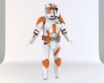 May include: A white and orange action figure of a Star Wars clone trooper. The figure is wearing a helmet with a white and orange design. The figure is standing on a white background.