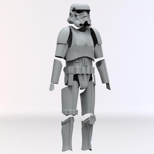 May include: A full-body white stormtrooper armour set featuring a detailed helmet with black eye lenses, chest plate, shoulder pauldrons, arm guards, belt with utility boxes, thigh pieces, and shin guards arranged in a standing human configuration.